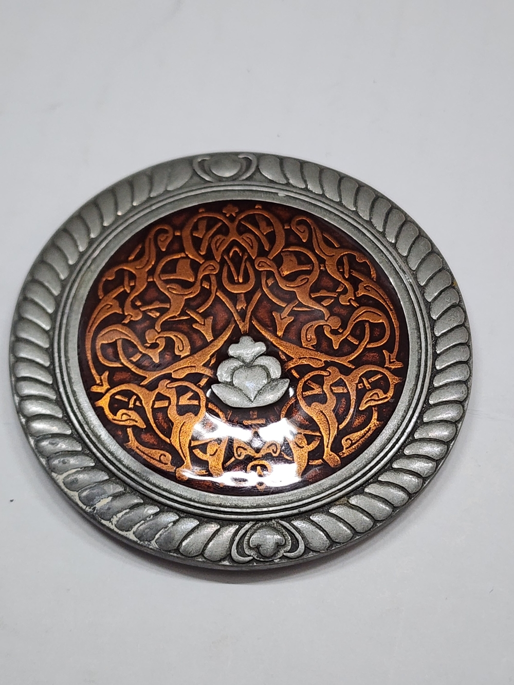 Danforth Pewter Mirror Orange Copper Lotus Enamel Travel Purse Compact